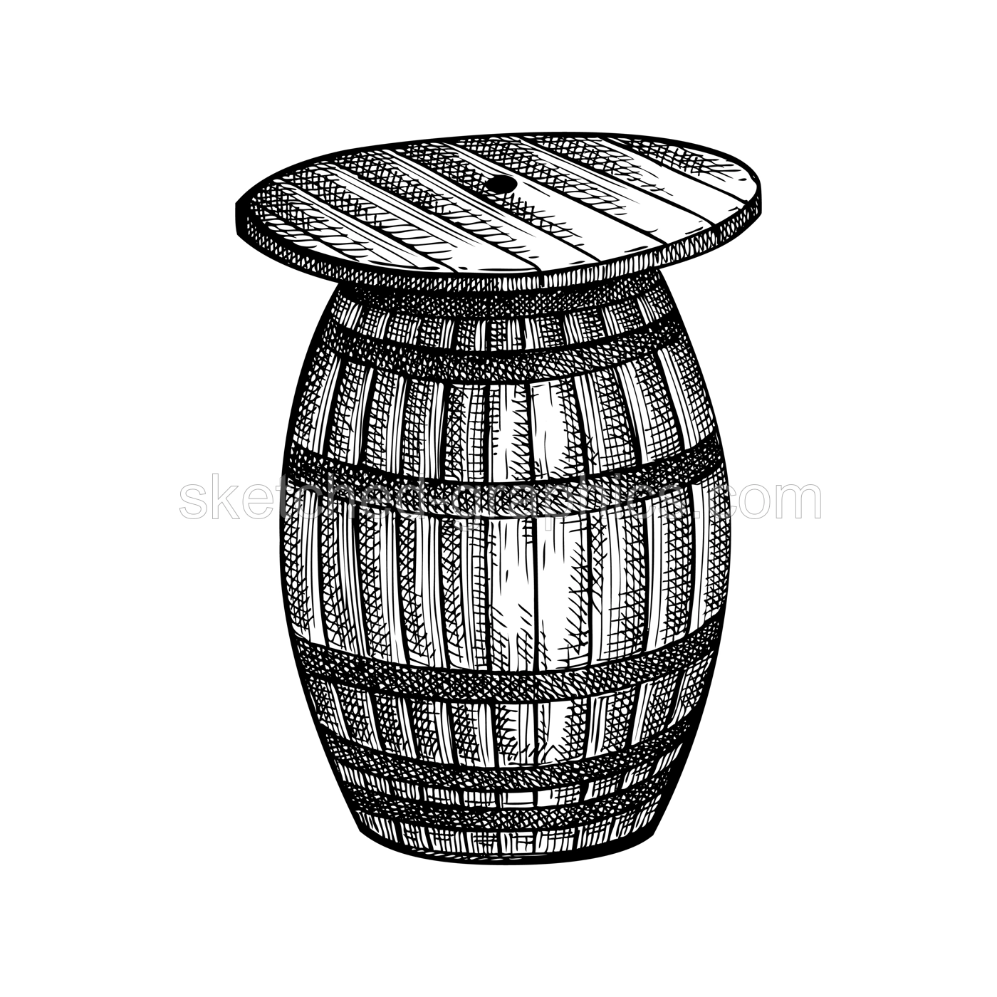 Christmas market stall table sketch. Hand-drawn vector illustration. Traditional winter Christmas fair marketplace design element.  Wooden beer barrel, table for fast food,  Illustration